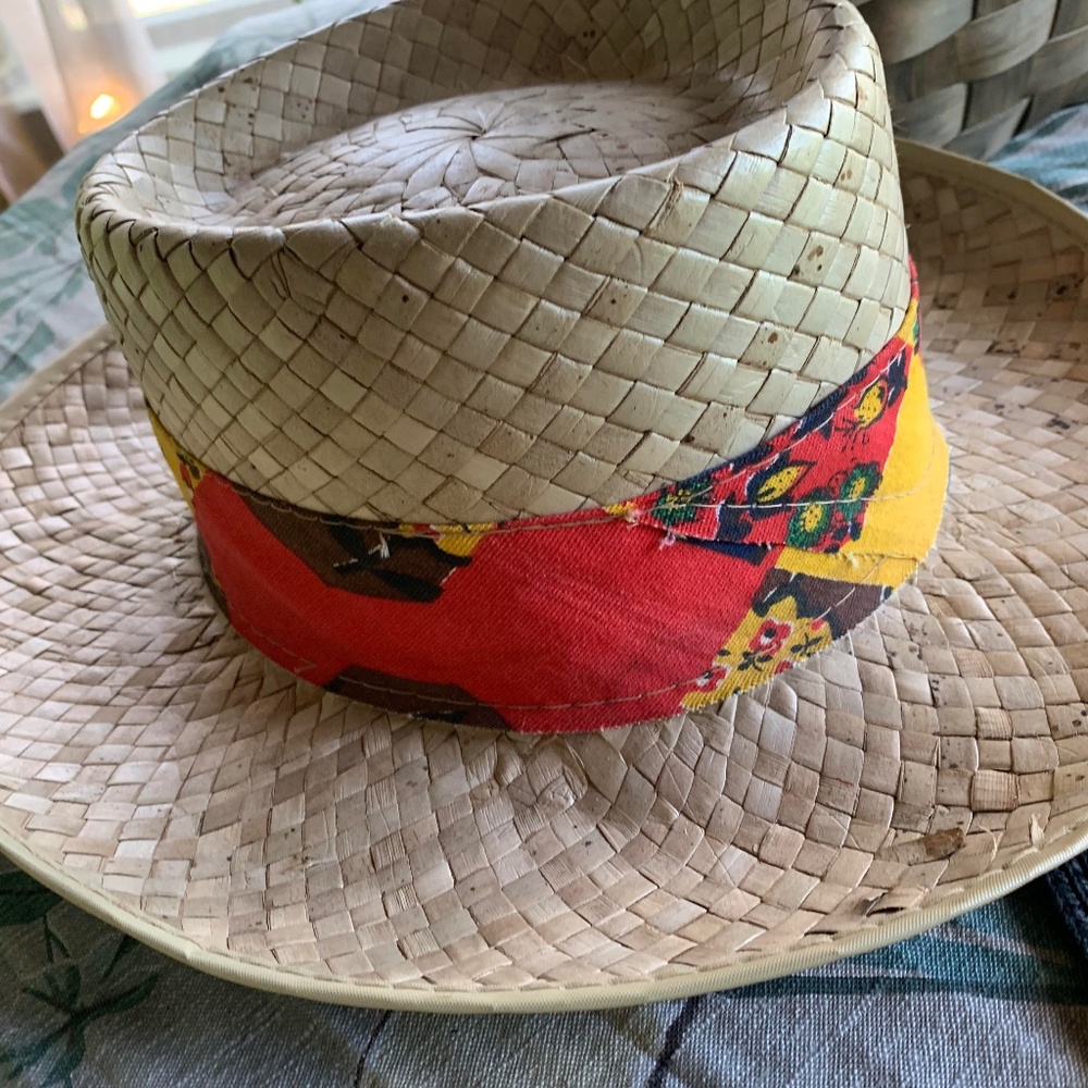 Vintage 1970s Natural Straw Men's Summer Hat Patchwork Band L